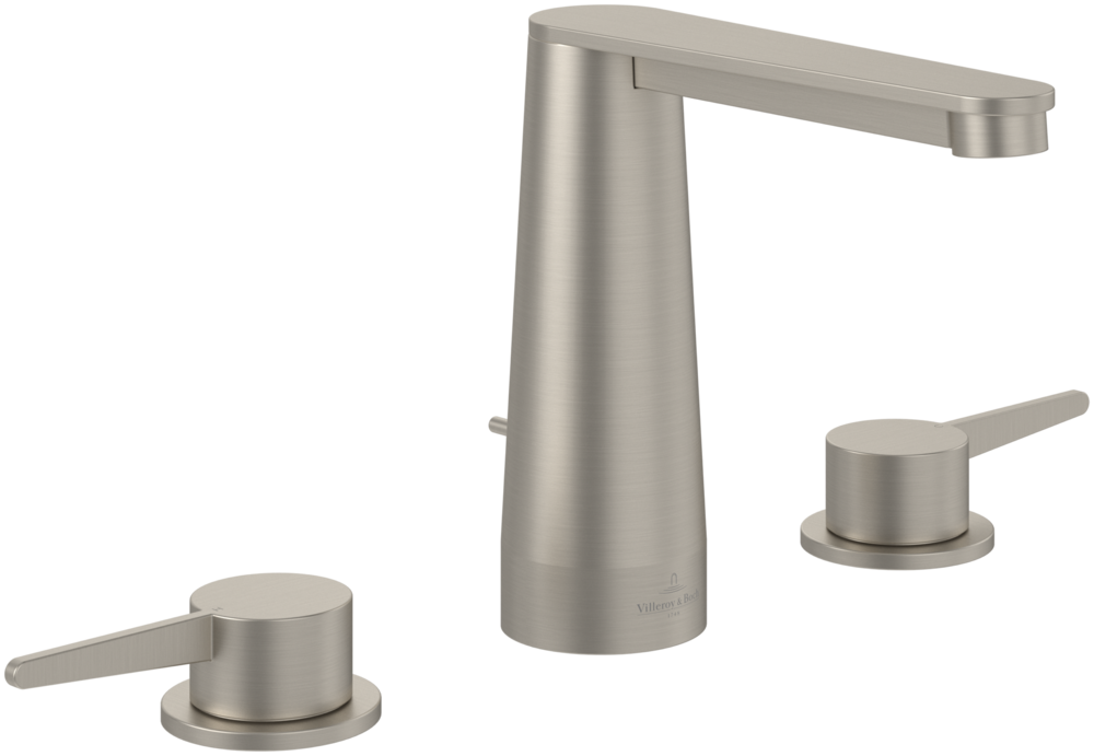 Conum Three-hole basin mixer with draw bar outlet fitting, Brushed Nickel Matt